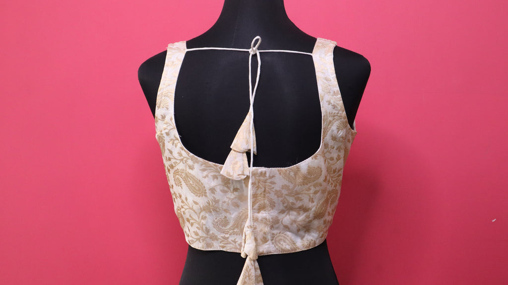 Women's Ivory Gold Banarasi Brocade Sleeveless Readymade Blouse