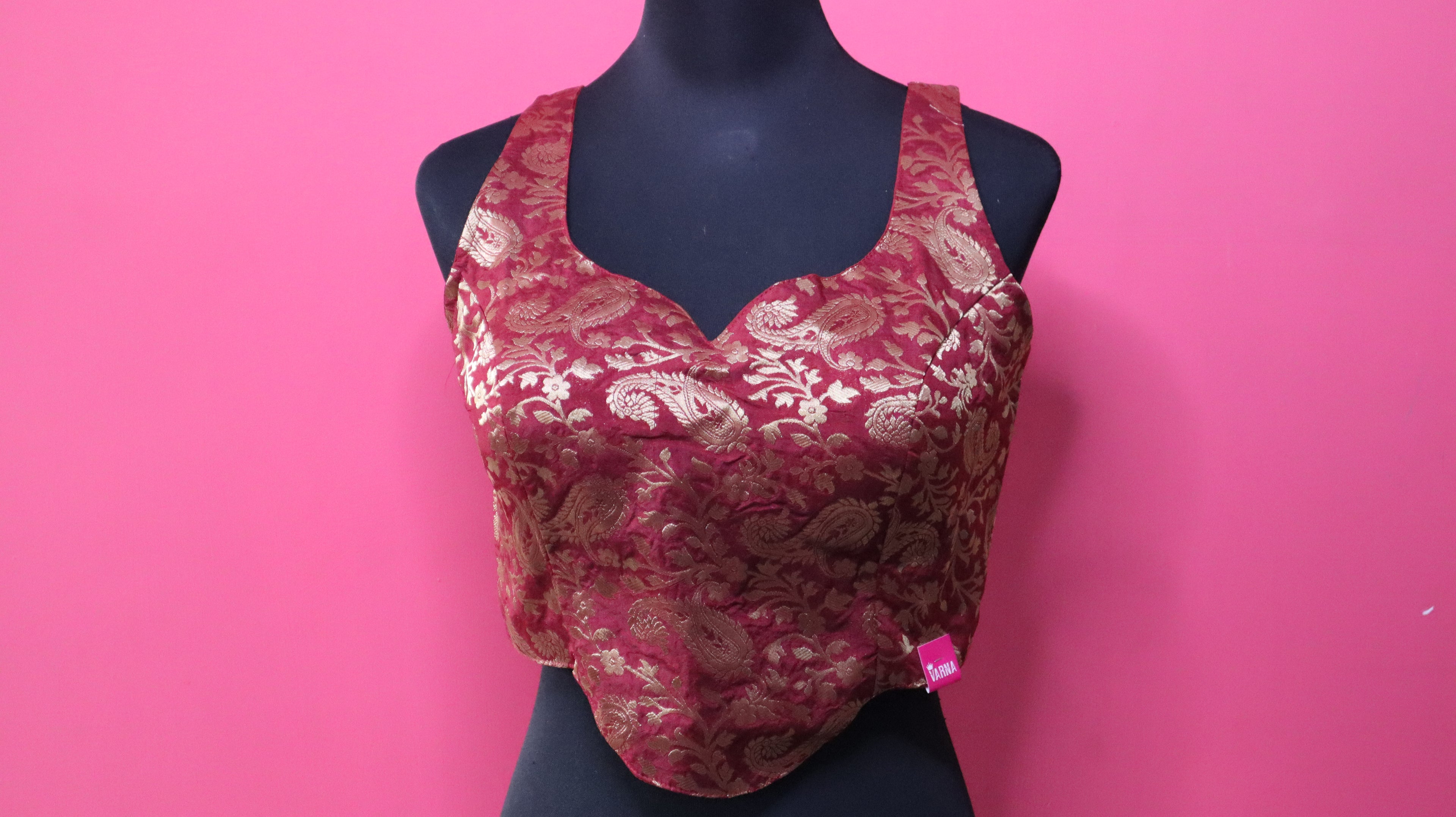 Women's Wine Red Banarasi Brocade Sleeveless Readymade Blouse with Tassel Tie-Up Back
