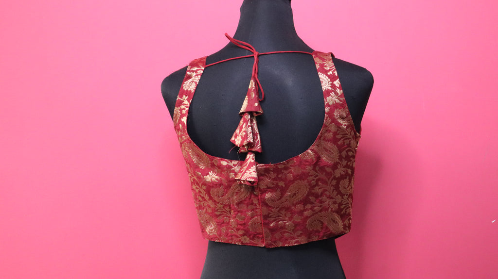 Women's Wine Red Banarasi Brocade Sleeveless Readymade Blouse with Tassel Tie-Up Back