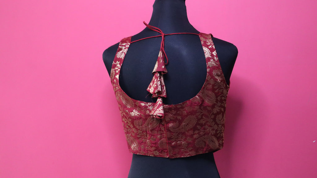 Women's Wine Red Banarasi Brocade Sleeveless Readymade Blouse with Tassel Tie-Up Back