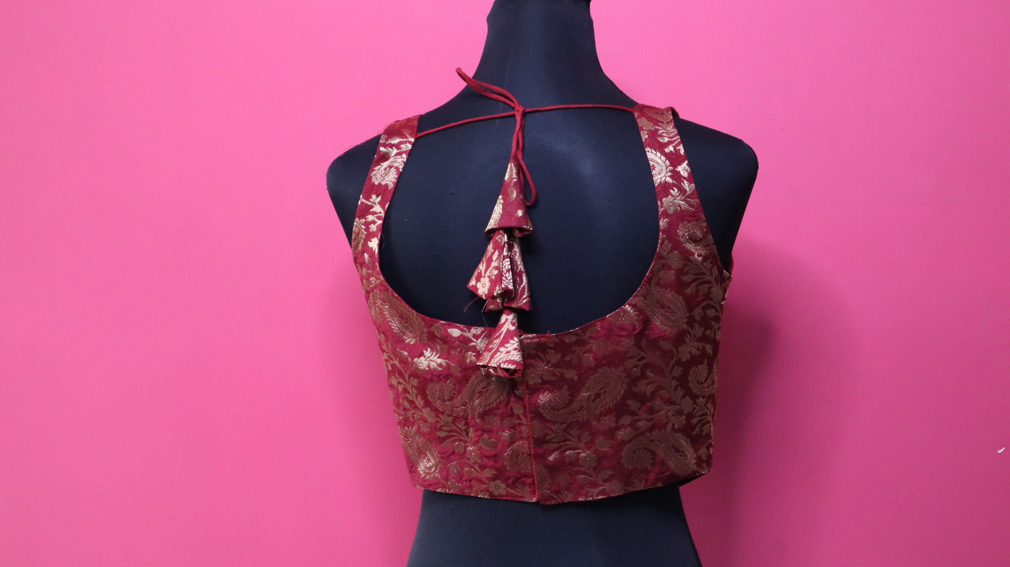 Women's Wine Red Banarasi Brocade Sleeveless Readymade Blouse with Tassel Tie-Up Back