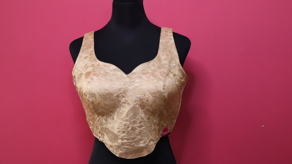 Women's Champagne Gold Banarasi Brocade Sleeveless Readymade Blouse with Tassel Tie-Up Back