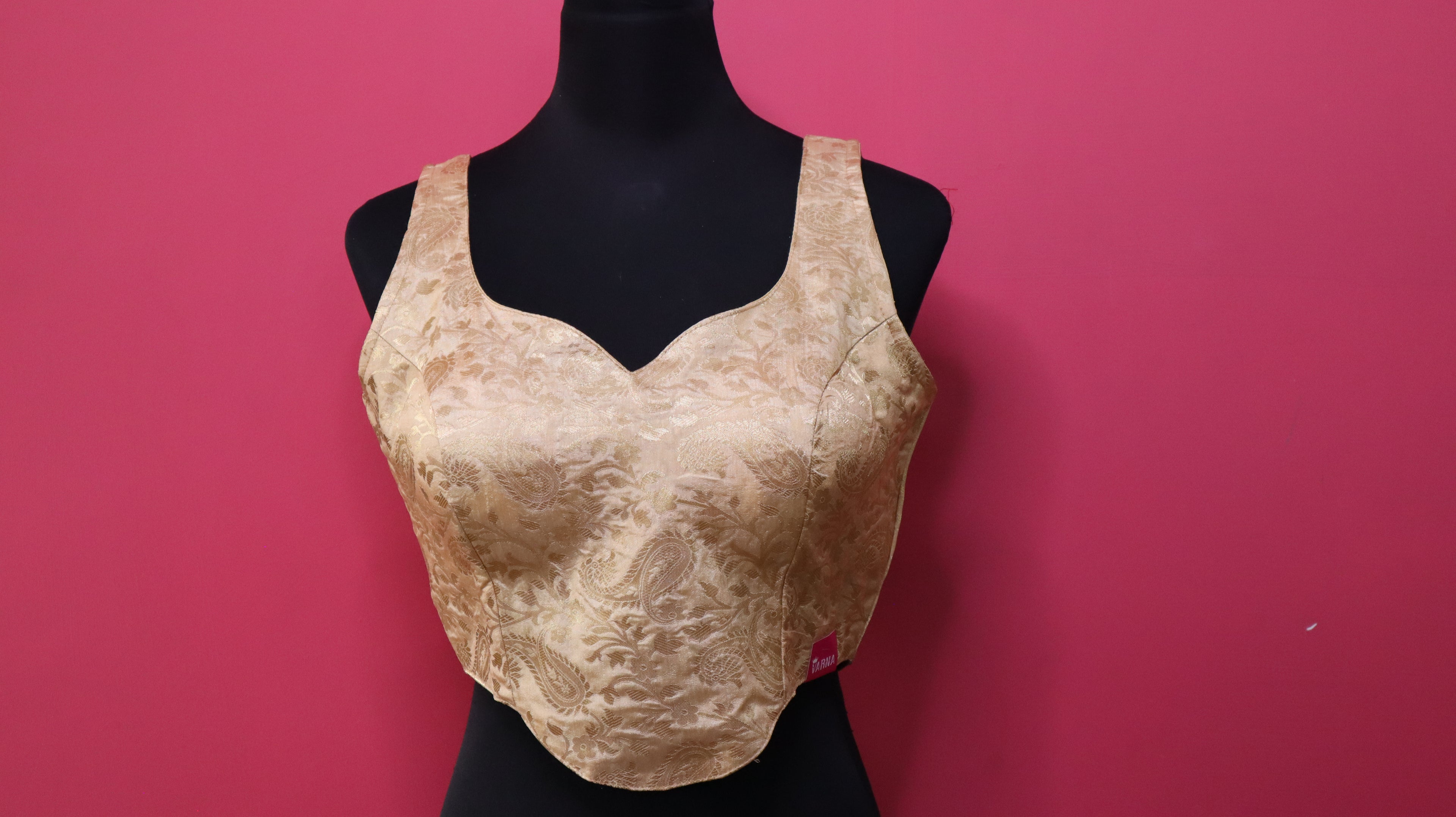 Women's Champagne Gold Banarasi Brocade Sleeveless Readymade Blouse with Tassel Tie-Up Back