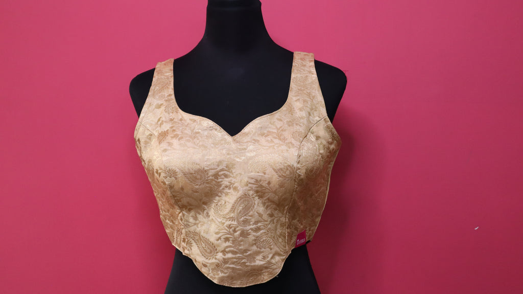 Women's Champagne Gold Banarasi Brocade Sleeveless Readymade Blouse with Tassel Tie-Up Back