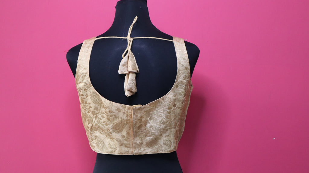 Women's Champagne Gold Banarasi Brocade Sleeveless Readymade Blouse with Tassel Tie-Up Back
