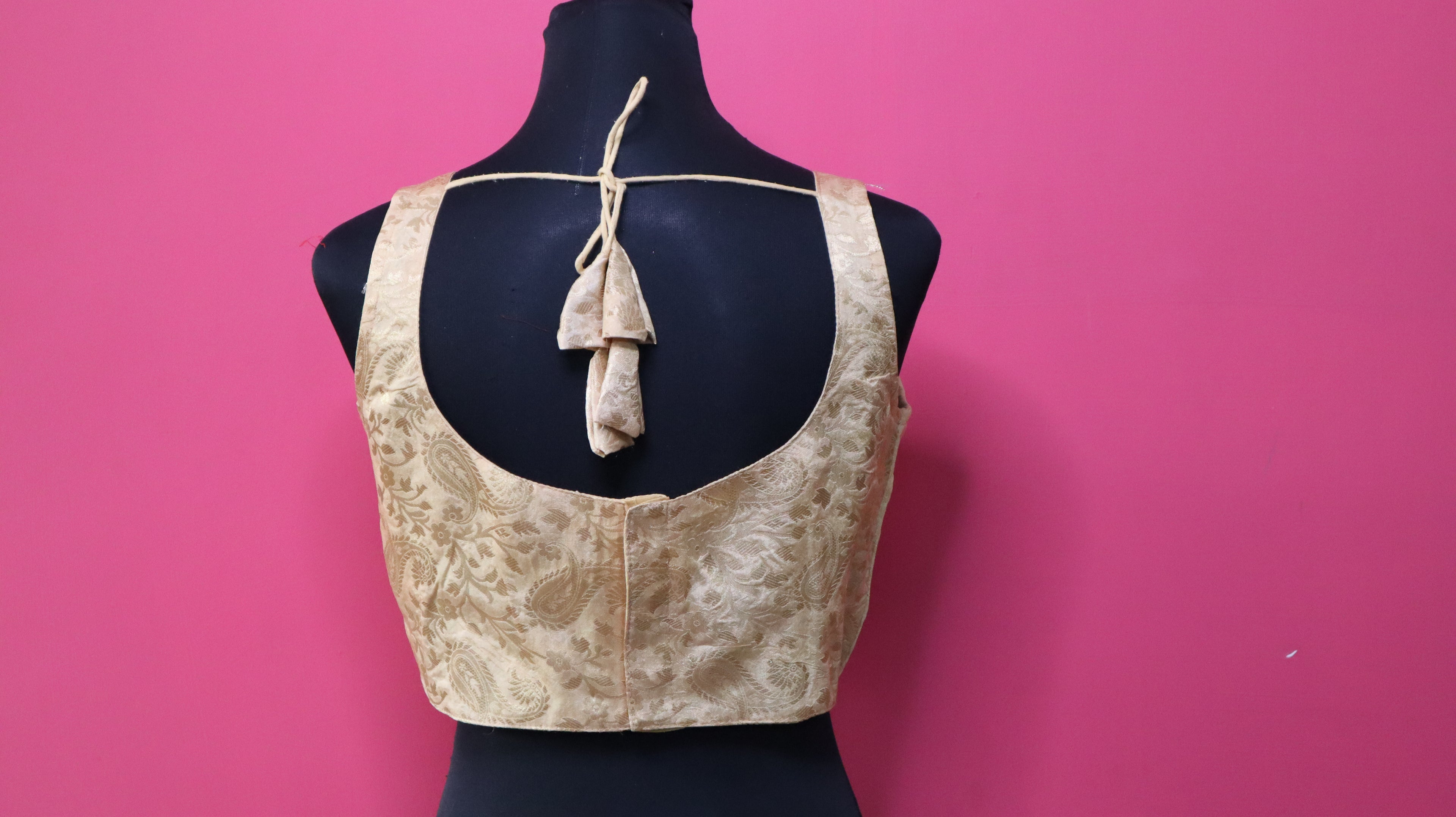 Women's Champagne Gold Banarasi Brocade Sleeveless Readymade Blouse with Tassel Tie-Up Back