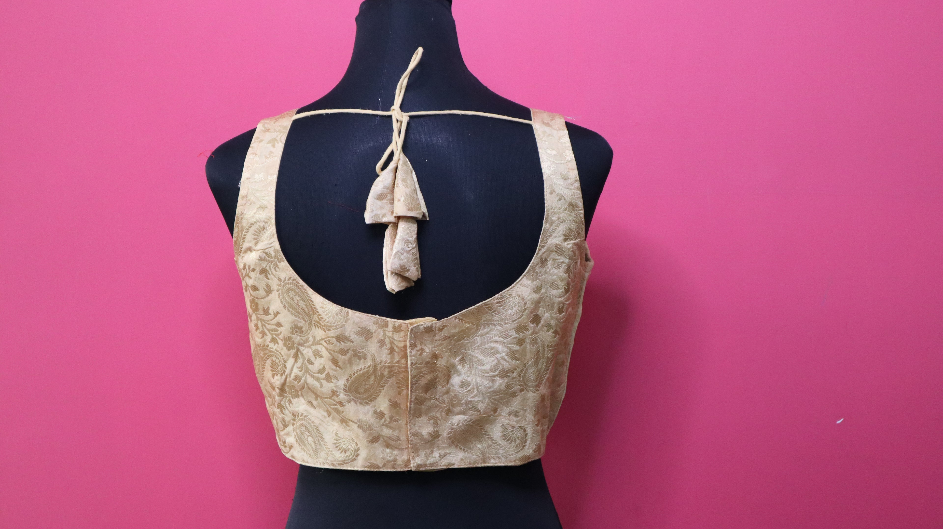 Women's Champagne Gold Banarasi Brocade Sleeveless Readymade Blouse with Tassel Tie-Up Back