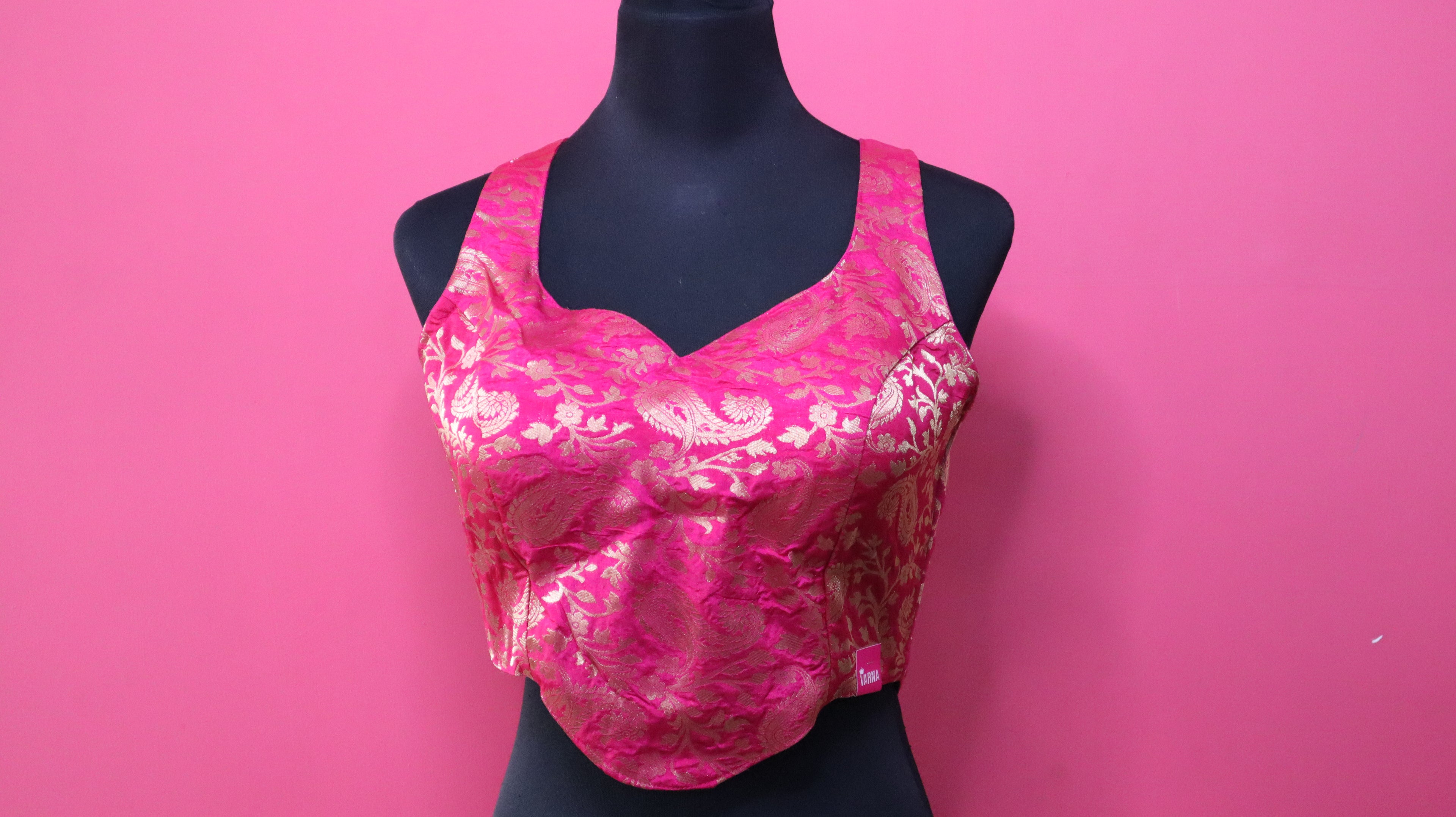 Women's Hot Pink Banarasi Brocade Sweetheart Neck Sleeveless Readymade Blouse