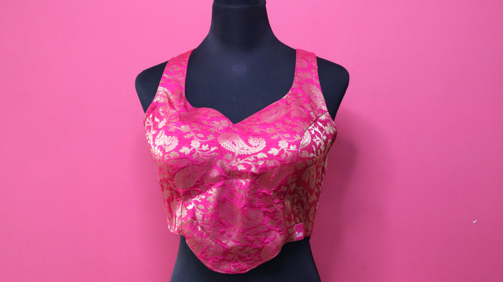 Women's Hot Pink Banarasi Brocade Sweetheart Neck Sleeveless Readymade Blouse
