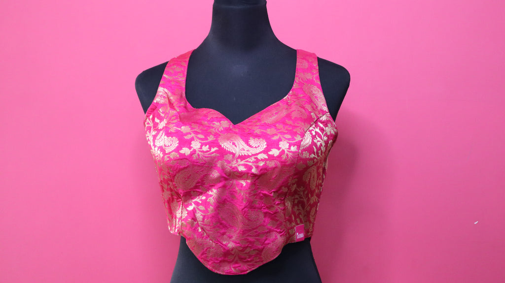 Women's Hot Pink Banarasi Brocade Sweetheart Neck Sleeveless Readymade Blouse