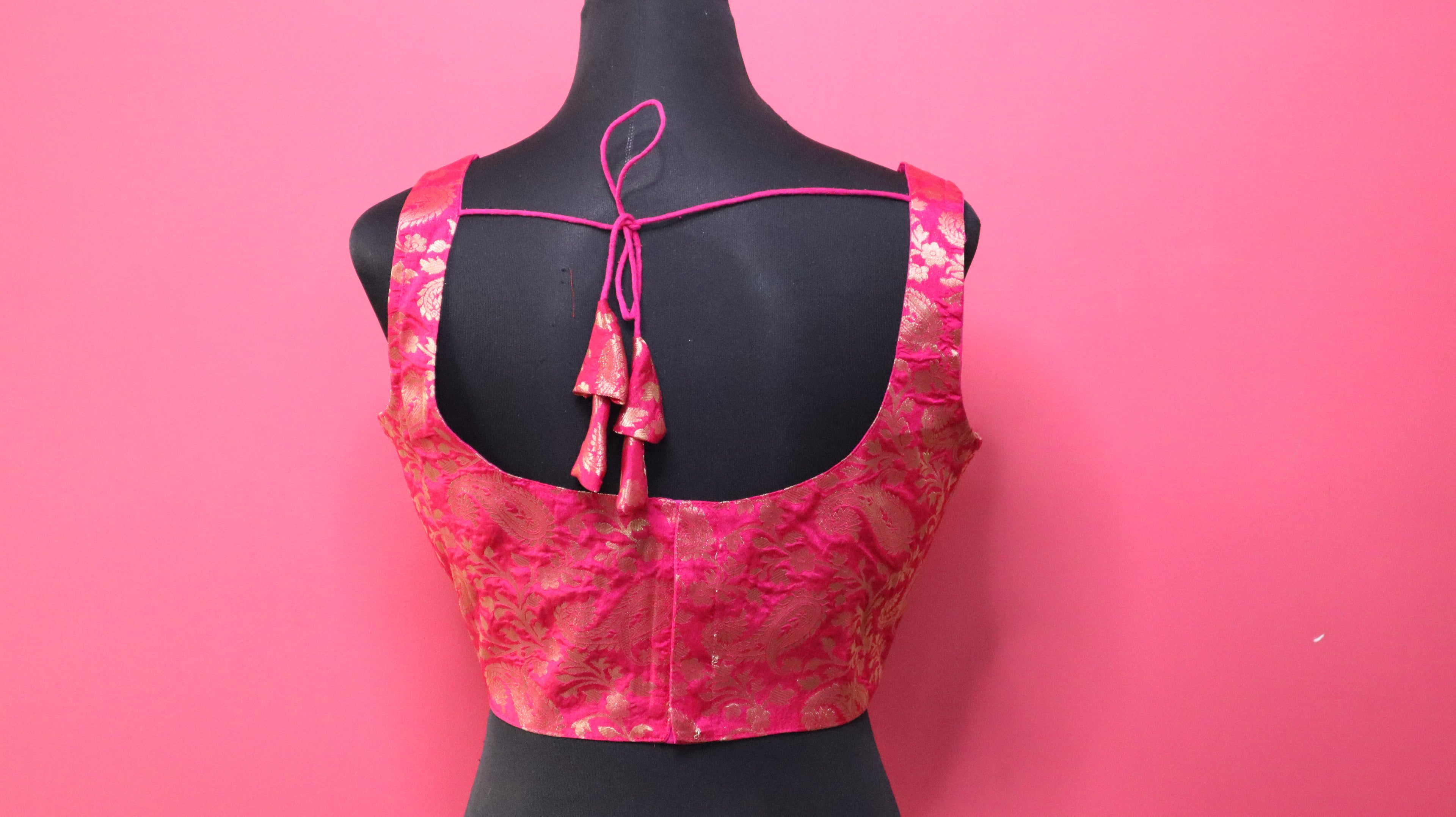 Women's Hot Pink Banarasi Brocade Sweetheart Neck Sleeveless Readymade Blouse