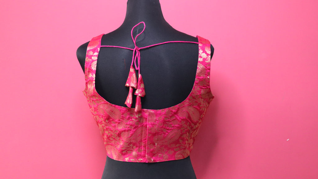 Women's Hot Pink Banarasi Brocade Sweetheart Neck Sleeveless Readymade Blouse