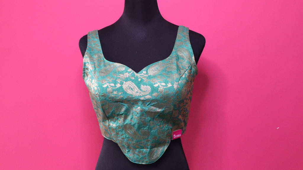 Women's Sea Green Banarasi Brocade Sweetheart Neck Sleeveless Readymade Blouse
