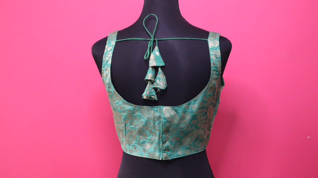 Women's Sea Green Banarasi Brocade Sweetheart Neck Sleeveless Readymade Blouse
