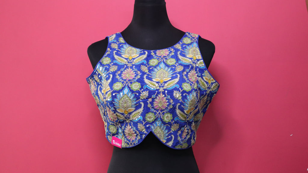 Women's Royal Blue Embroidered Designer Sleeveless Readymade Blouse