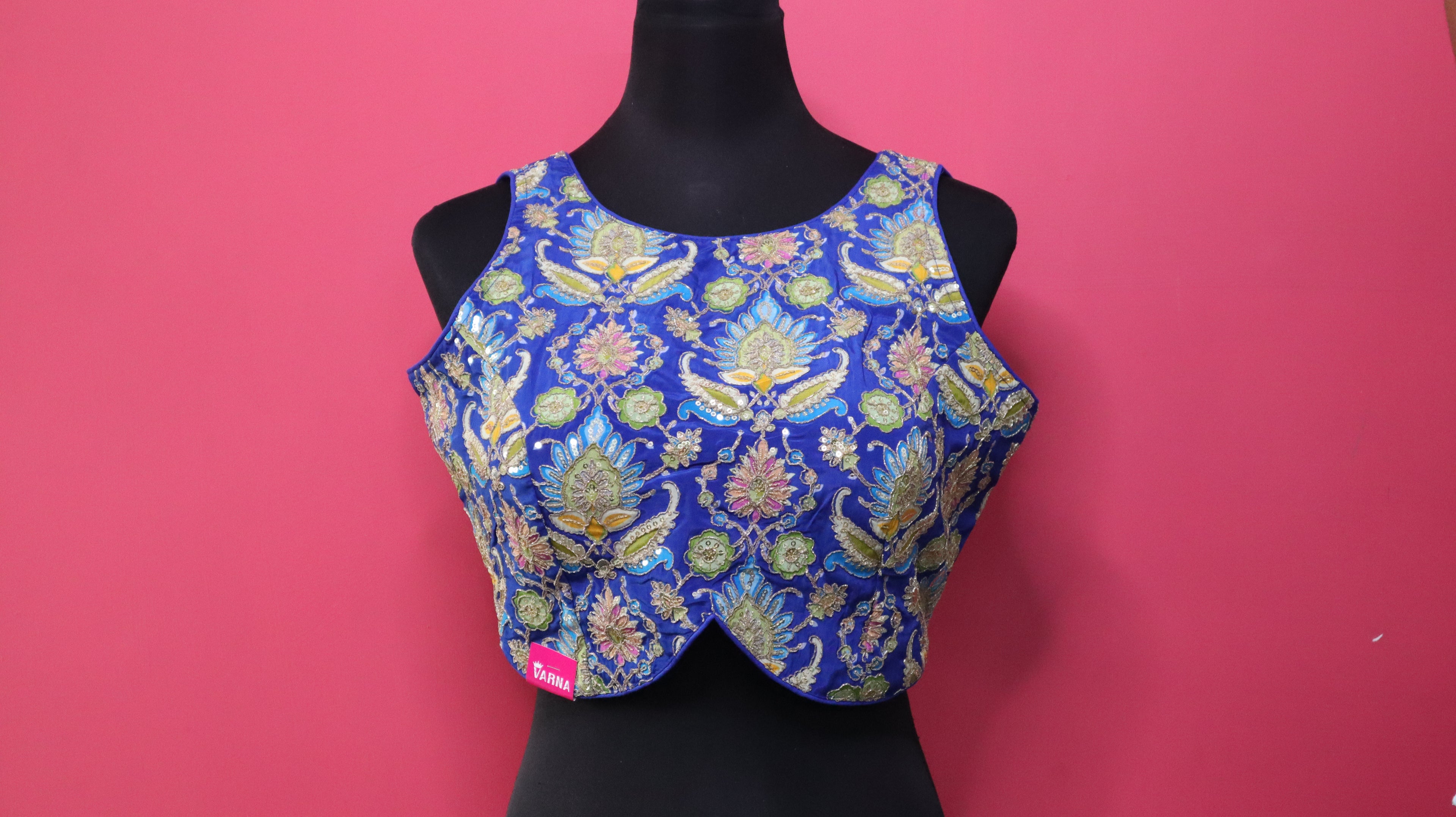 Women's Royal Blue Embroidered Designer Sleeveless Readymade Blouse