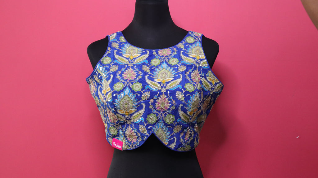 Women's Royal Blue Embroidered Designer Sleeveless Readymade Blouse