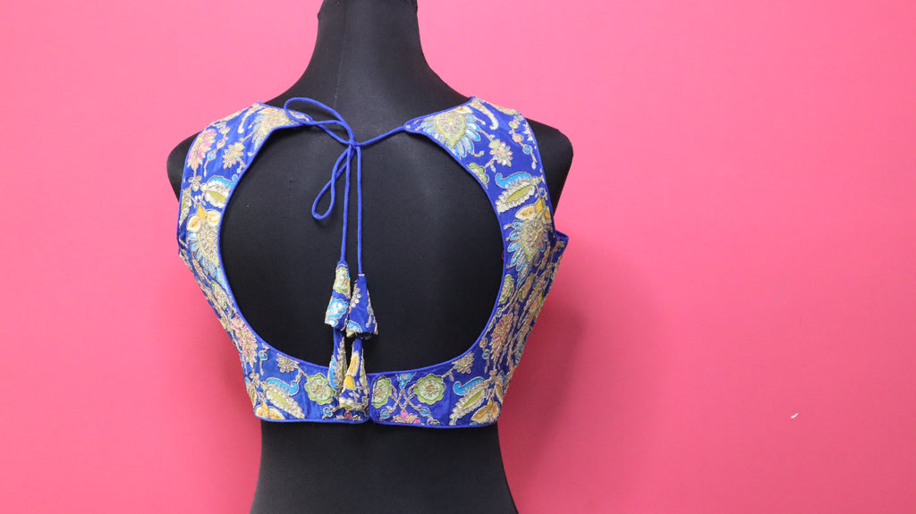 Women's Royal Blue Embroidered Designer Sleeveless Readymade Blouse