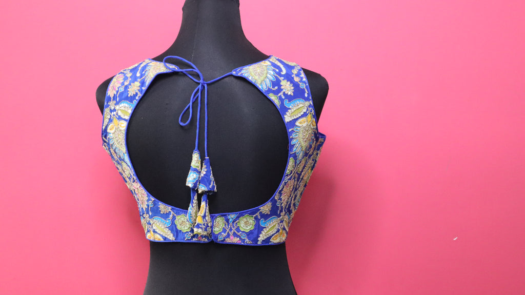 Women's Royal Blue Embroidered Designer Sleeveless Readymade Blouse