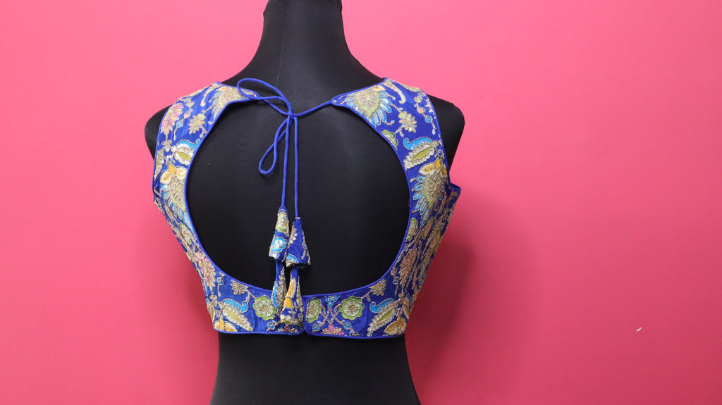 Women's Royal Blue Embroidered Designer Sleeveless Readymade Blouse