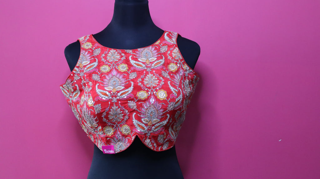 Women's Coral Red Embroidered Designer Sleeveless Readymade Blouse
