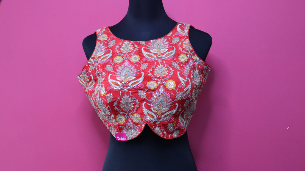 Women's Coral Red Embroidered Designer Sleeveless Readymade Blouse