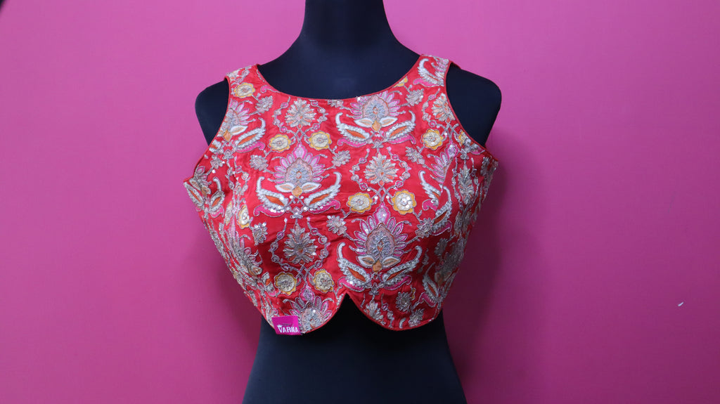 Women's Coral Red Embroidered Designer Sleeveless Readymade Blouse