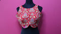 Women's Coral Red Embroidered Designer Sleeveless Readymade Blouse