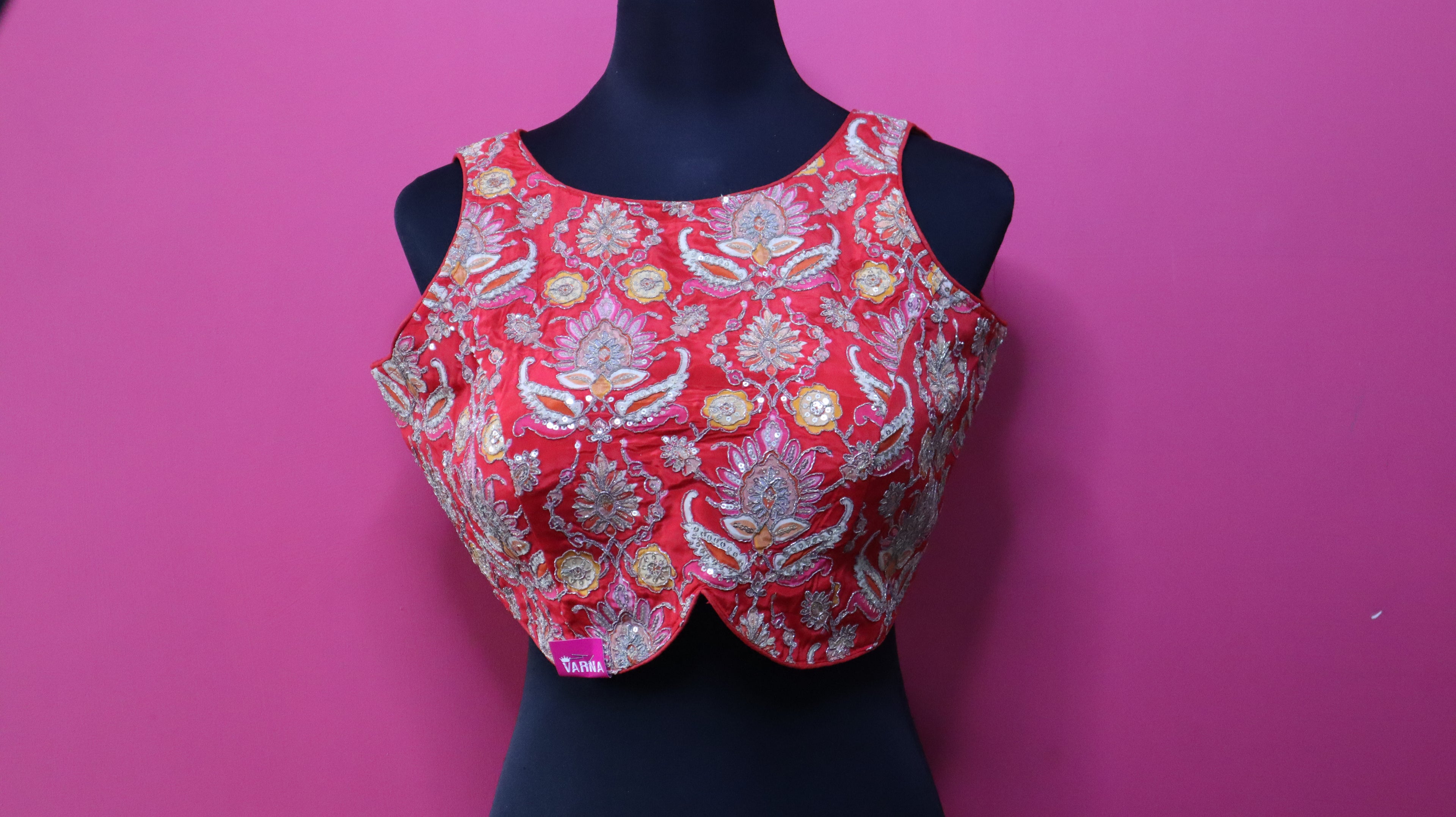 Women's Coral Red Embroidered Designer Sleeveless Readymade Blouse