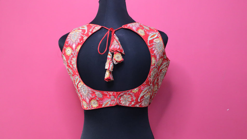 Women's Coral Red Embroidered Designer Sleeveless Readymade Blouse