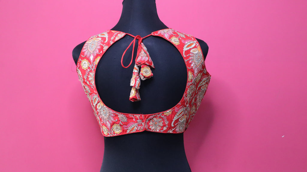 Women's Coral Red Embroidered Designer Sleeveless Readymade Blouse