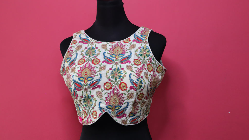 Women's White Multicolor Embroidered Designer Sleeveless Readymade Blouse