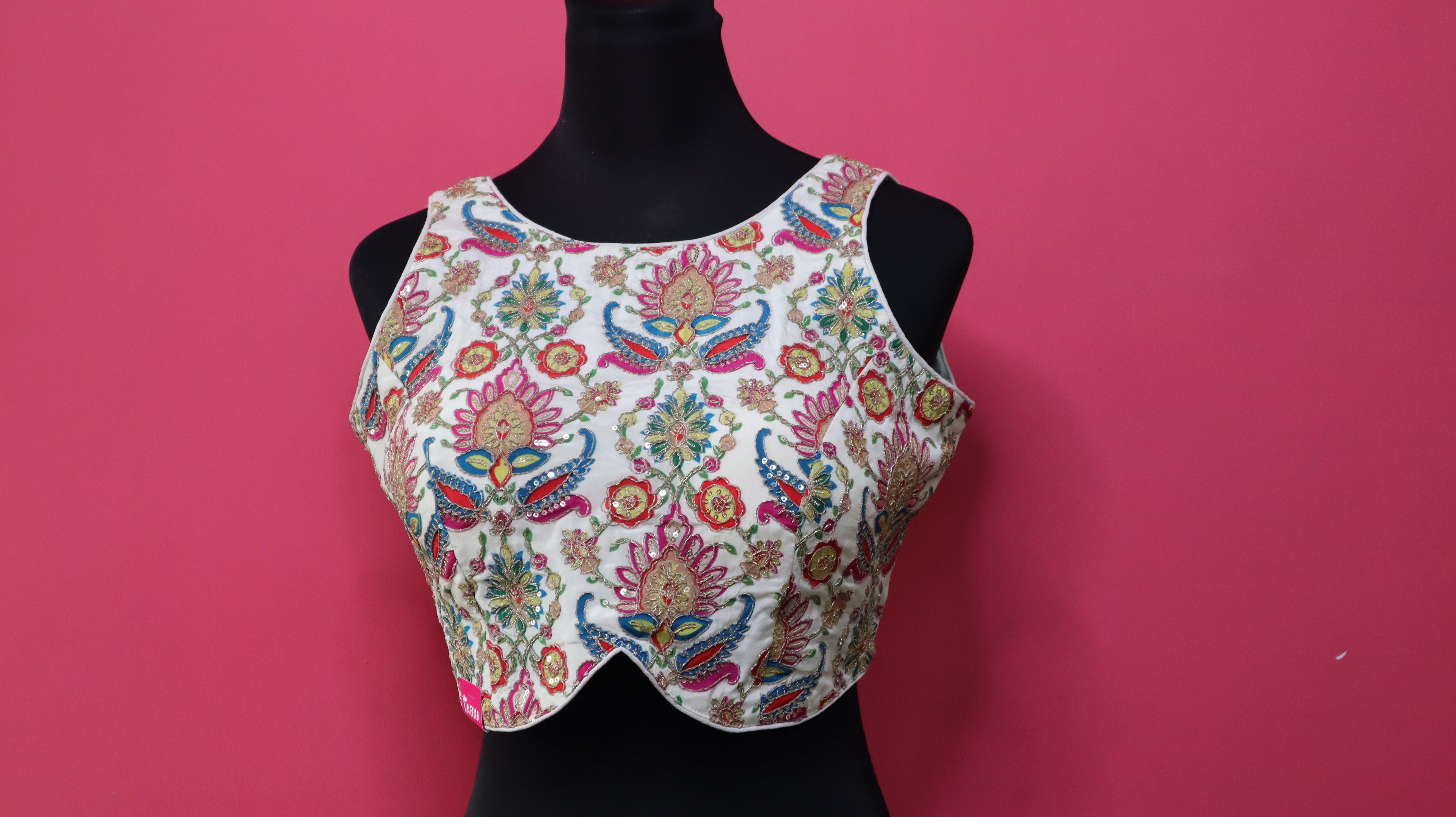 Women's White Multicolor Embroidered Designer Sleeveless Readymade Blouse