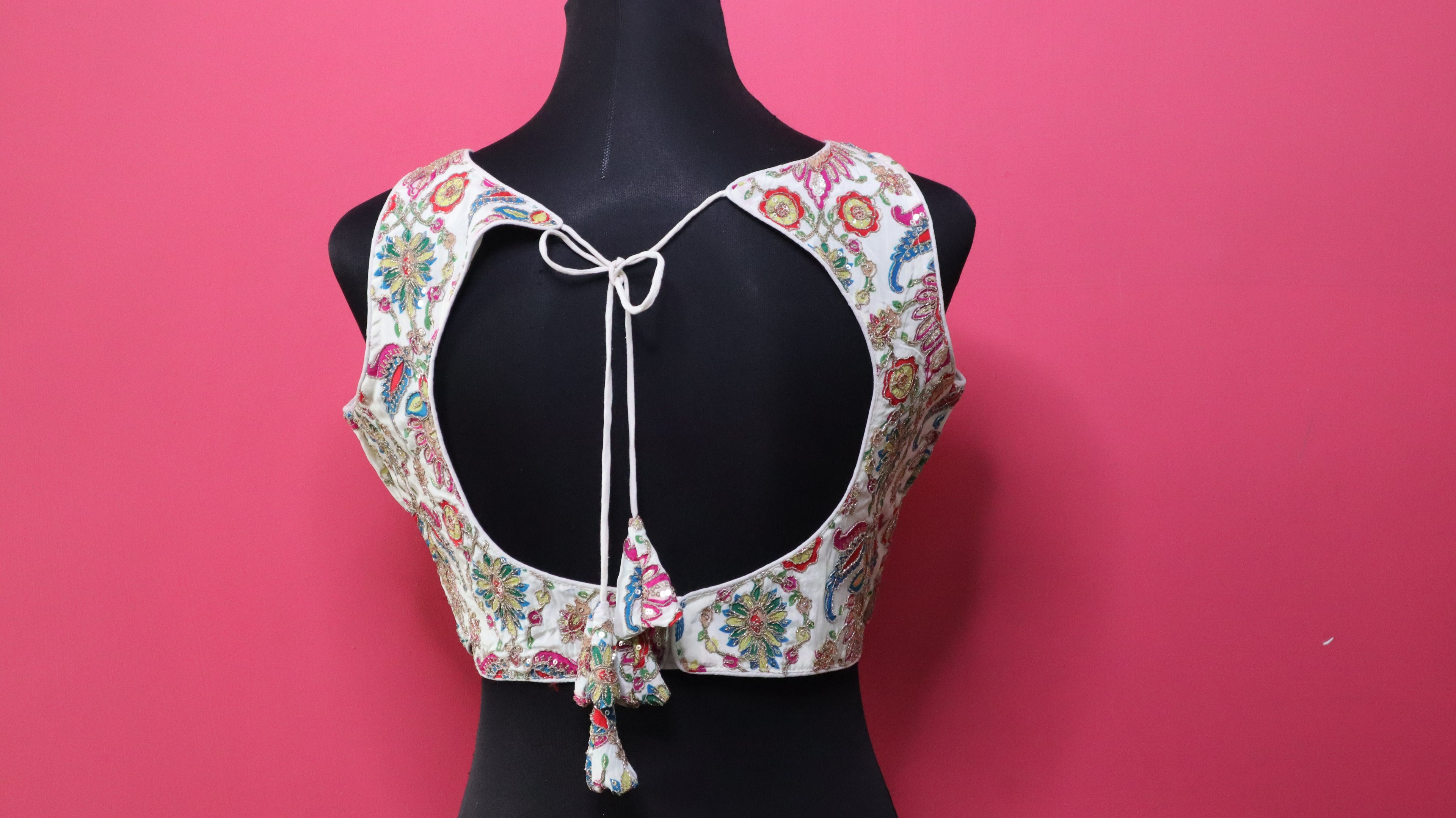 Women's White Multicolor Embroidered Designer Sleeveless Readymade Blouse