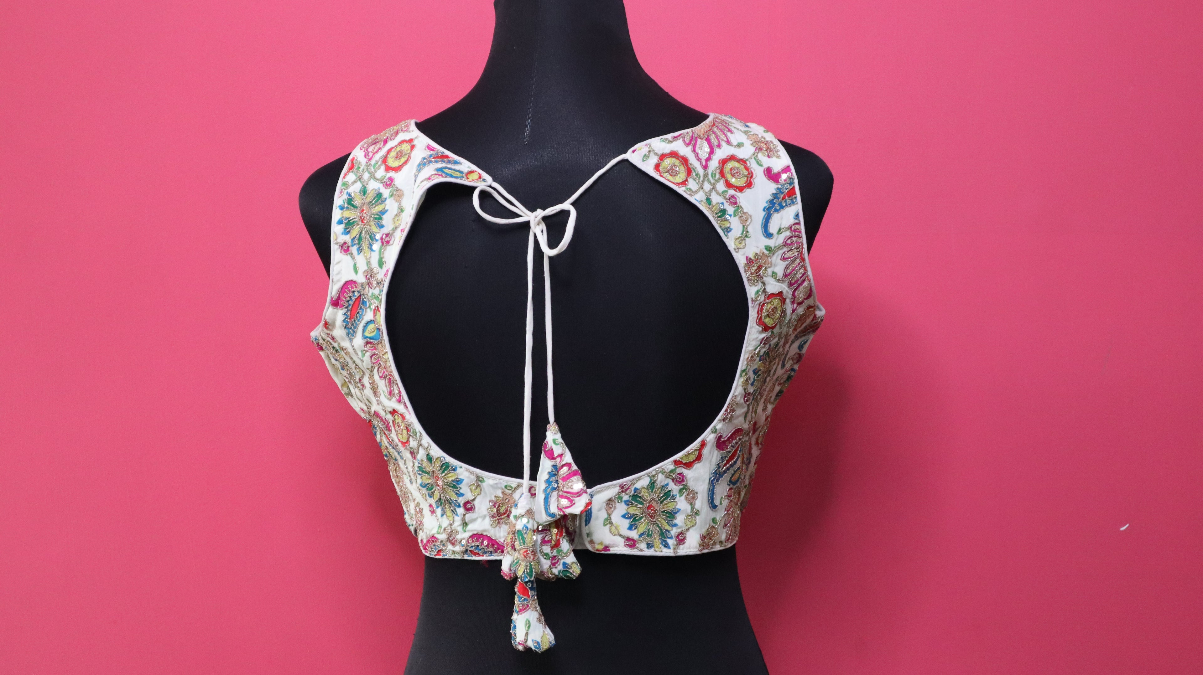 Women's White Multicolor Embroidered Designer Sleeveless Readymade Blouse