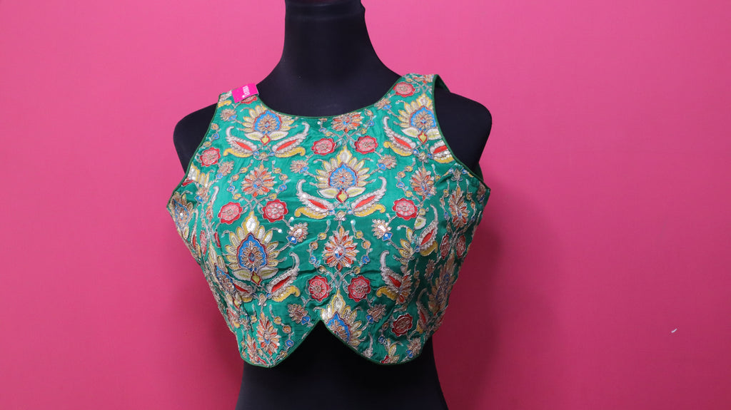 Women's Emerald Green Embroidered Designer Sleeveless Readymade Blouse