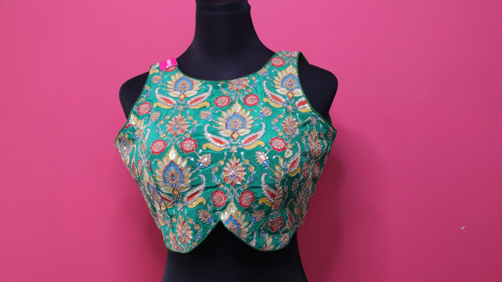 Women's Emerald Green Embroidered Designer Sleeveless Readymade Blouse