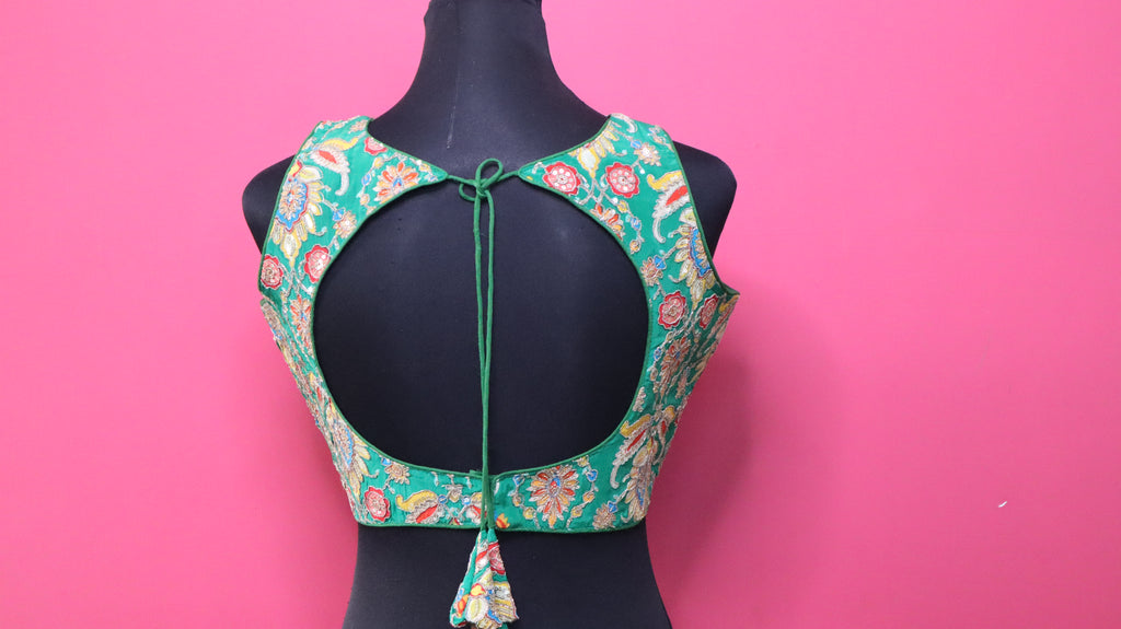 Women's Emerald Green Embroidered Designer Sleeveless Readymade Blouse
