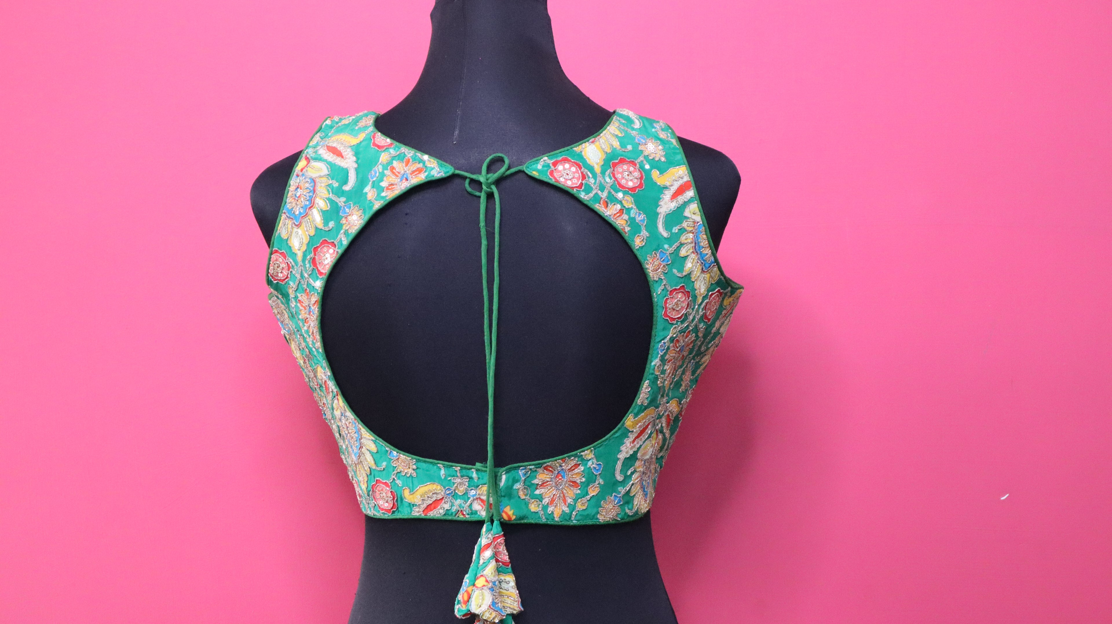 Women's Emerald Green Embroidered Designer Sleeveless Readymade Blouse