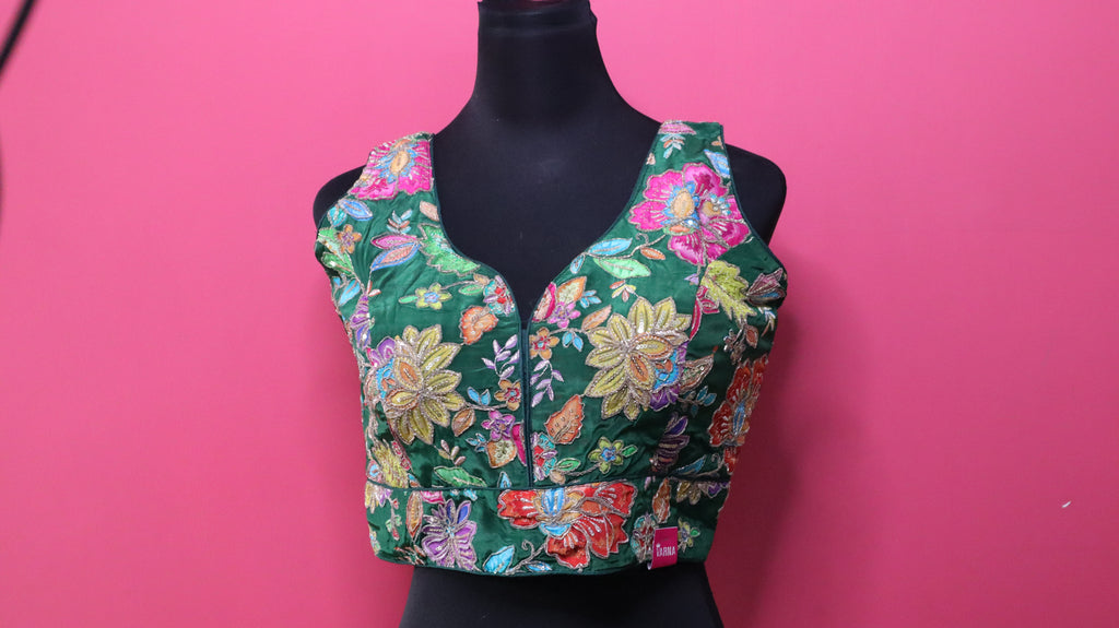Women's Forest Green Floral Embroidered Designer Readymade Blouse