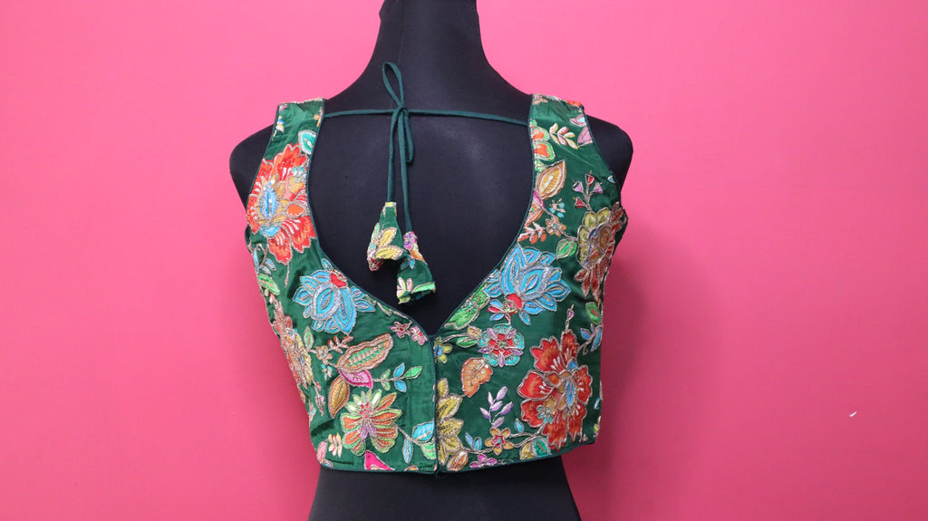 Women's Forest Green Floral Embroidered Designer Readymade Blouse