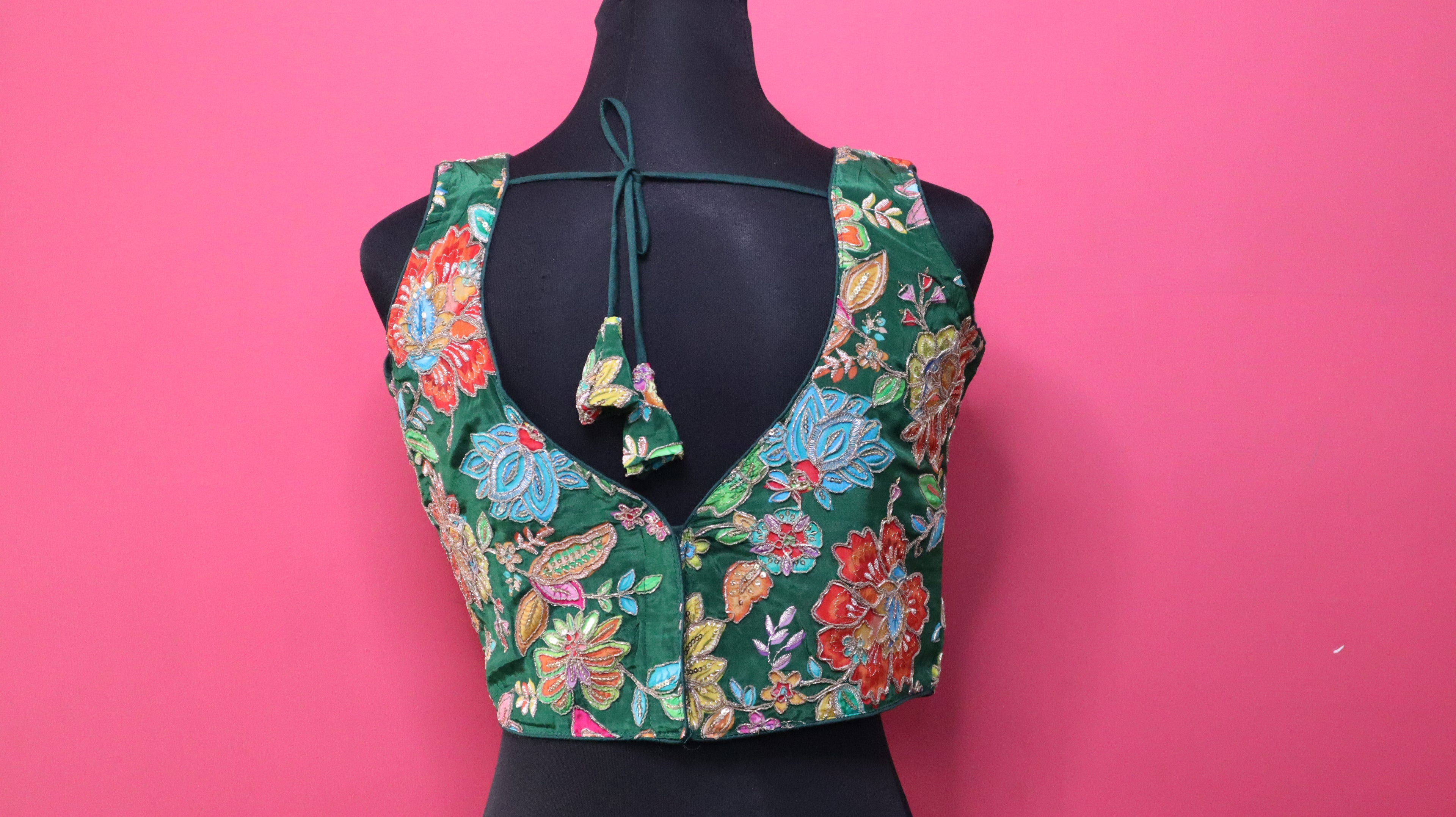 Women's Forest Green Floral Embroidered Designer Readymade Blouse