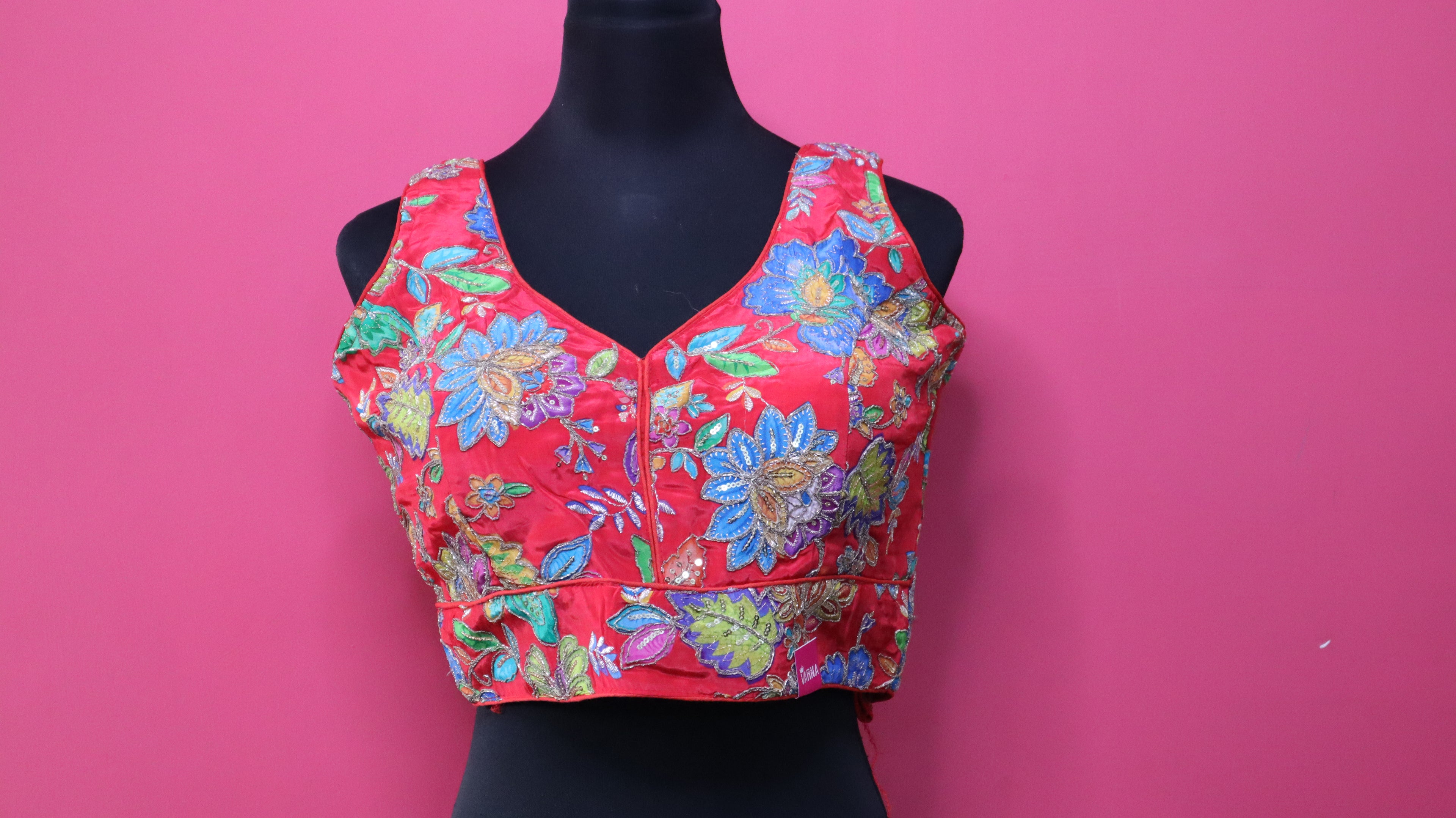 Women's Coral Red Floral Embroidered Designer Readymade Blouse