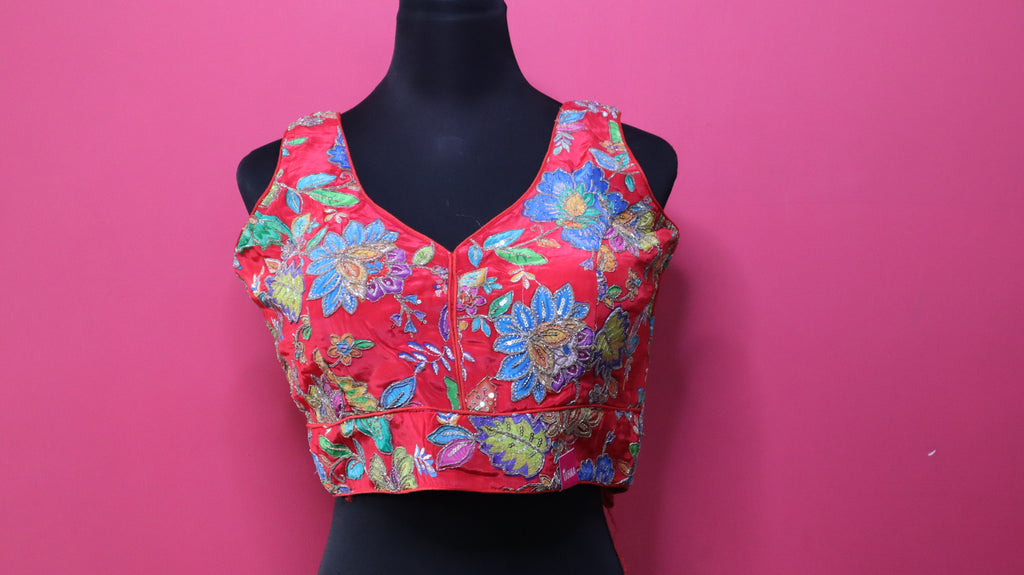 Women's Coral Red Floral Embroidered Designer Readymade Blouse