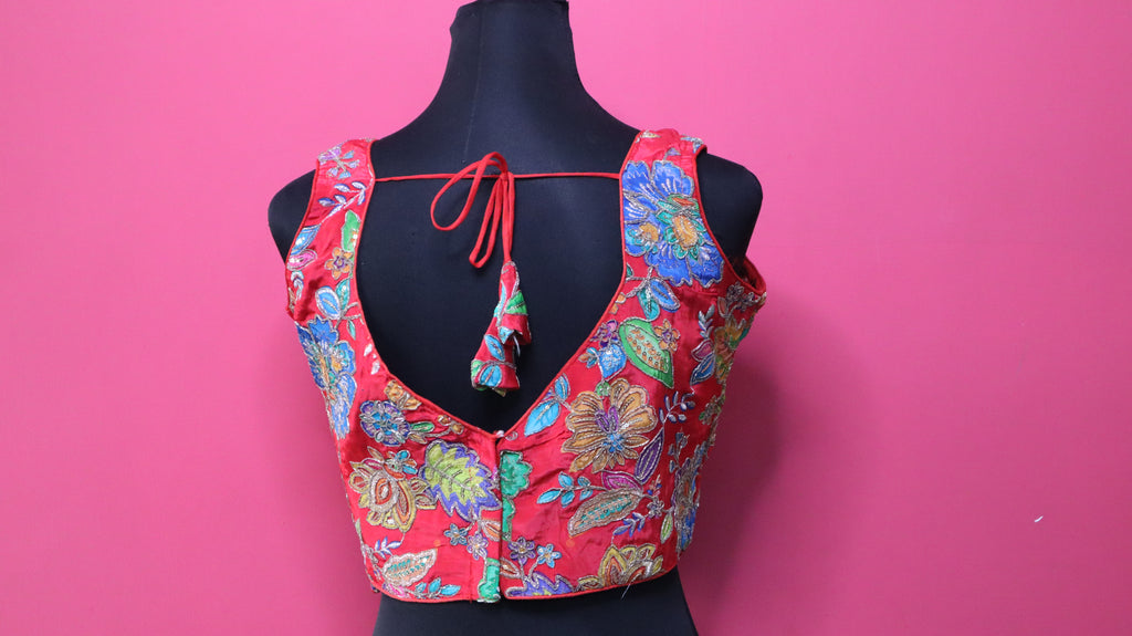 Women's Coral Red Floral Embroidered Designer Readymade Blouse
