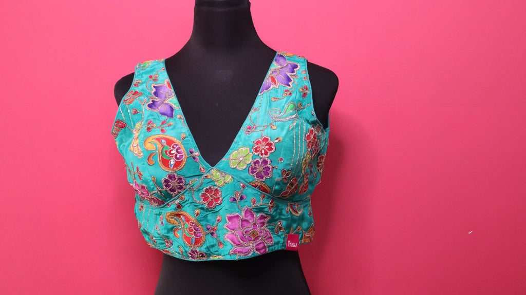 Women's Sea Green Floral Embroidered Designer Readymade Blouse