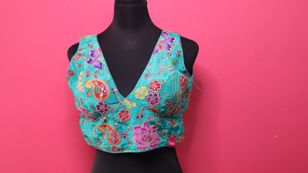 Women's Sea Green Floral Embroidered Designer Readymade Blouse