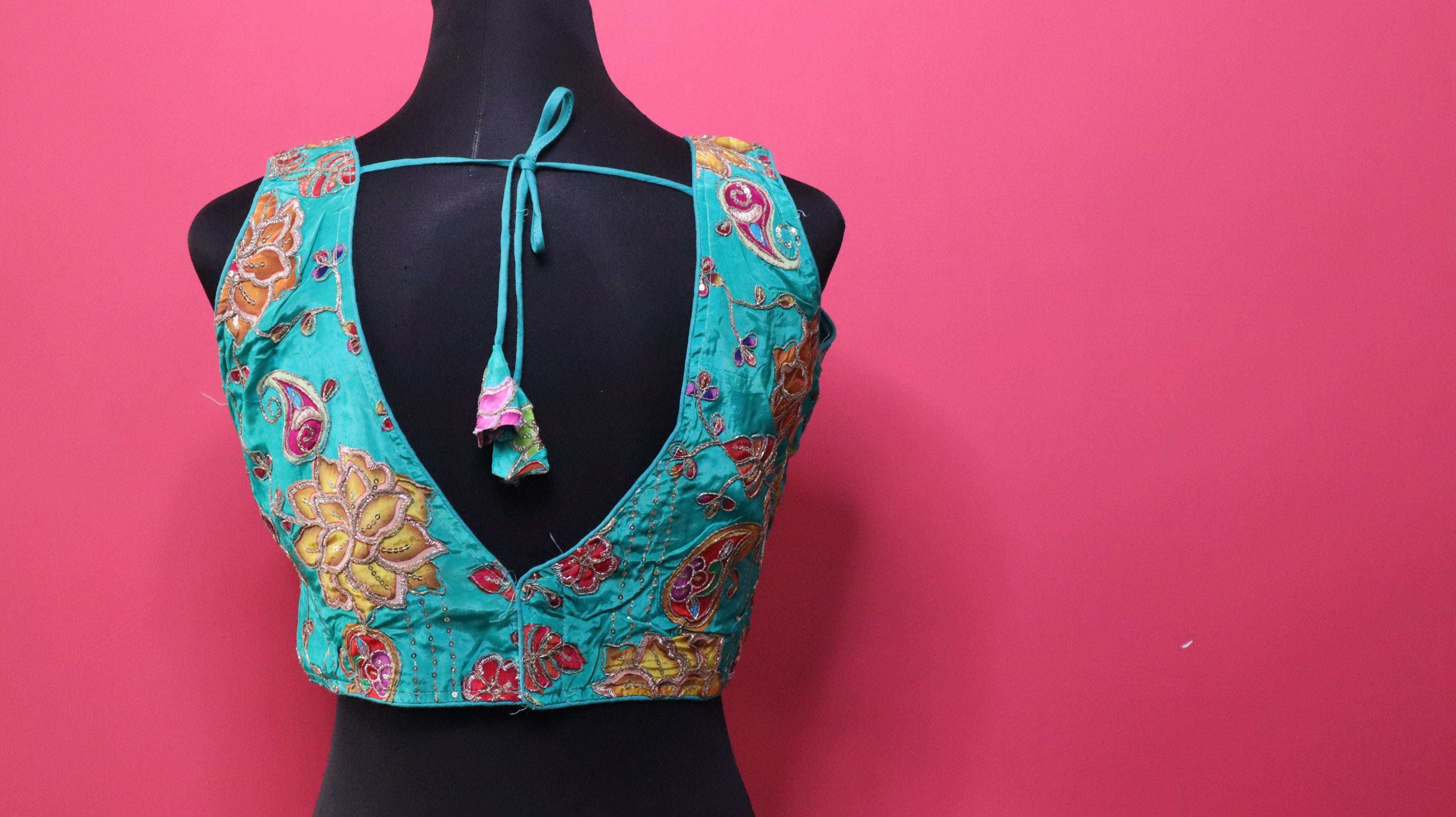 Women's Sea Green Floral Embroidered Designer Readymade Blouse