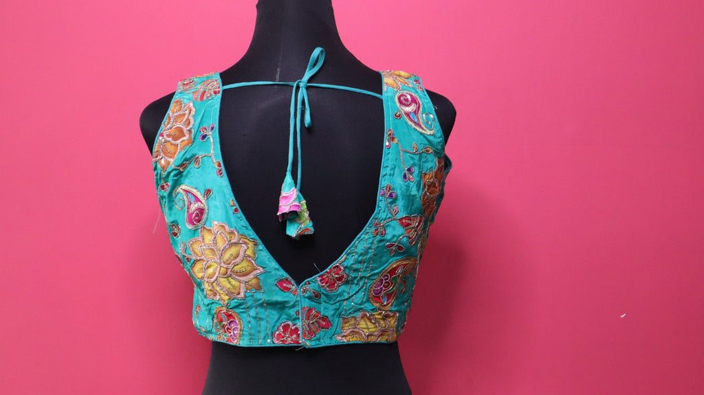 Women's Sea Green Floral Embroidered Designer Readymade Blouse