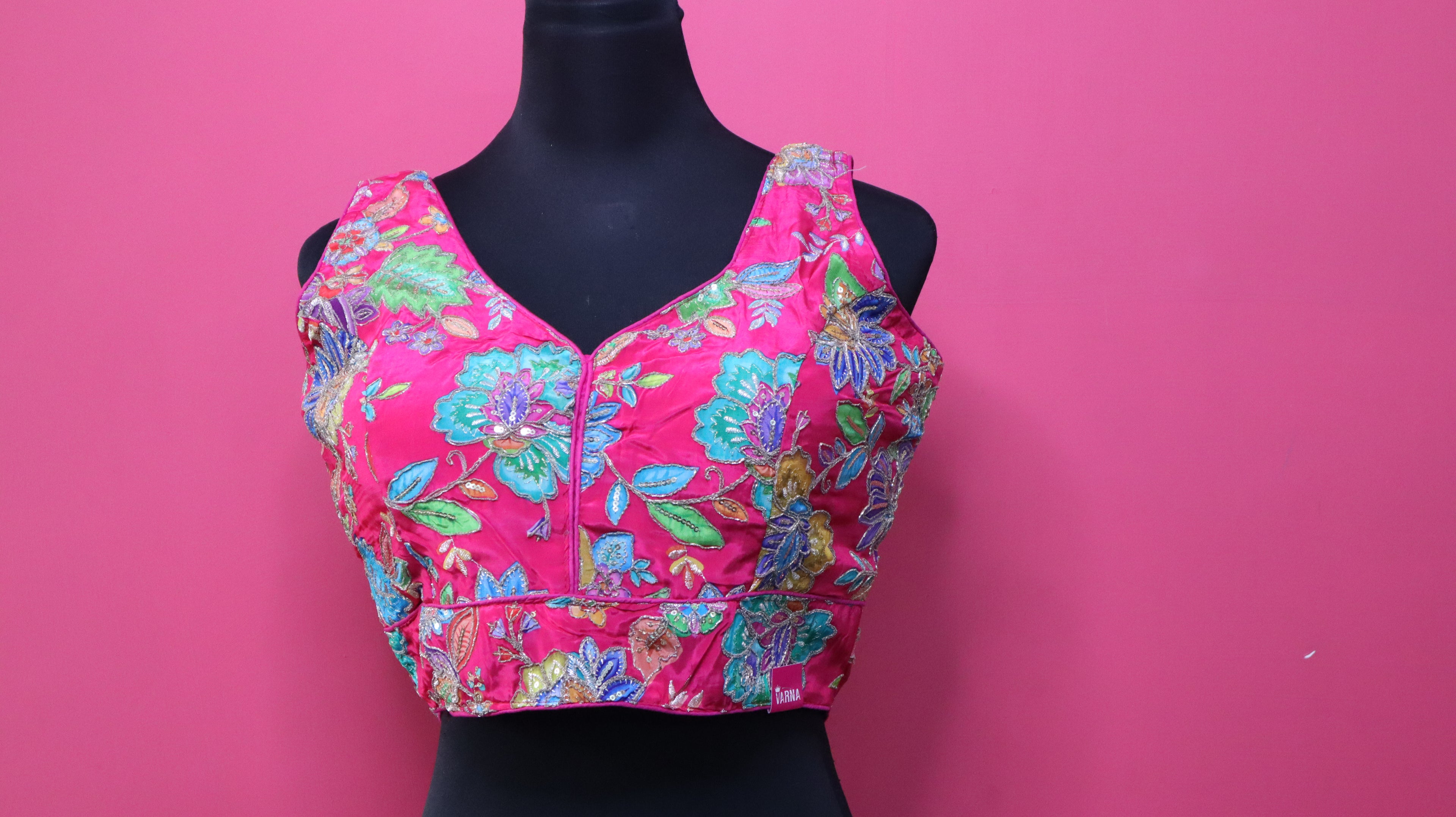 Women's Hot Pink Floral Embroidered Designer Readymade Blouse